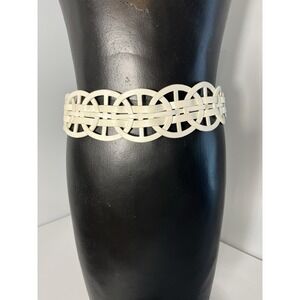 Wide Belt Women White Oval‎ Braided Faux Leather Stretch Snap Closure 33.5+"
